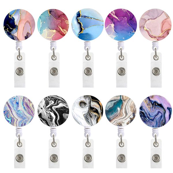 

10 pcs/lot fashion key rings custom style marble pattern crocodile clip buckle reel for doctor nurse supplies retractable badge holder, Slivery;golden