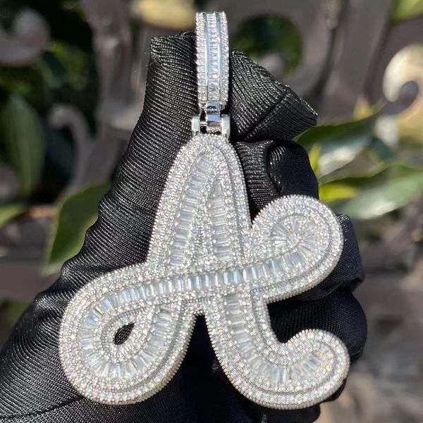 

men women new trendy jewelry 18k yellow white gold plated bling baguettes cz custom name cursive letter pendant jewelry with 3mm 24inch rope, Silver
