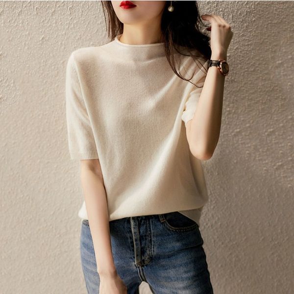 

women's t-shirt half-height crew-neck mid-sleeve ice silk knit t-shirt, White