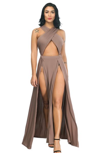 

women party dresses hollow out halter wrap sleeveless plain pleated slit casual long maxi dress, White;black