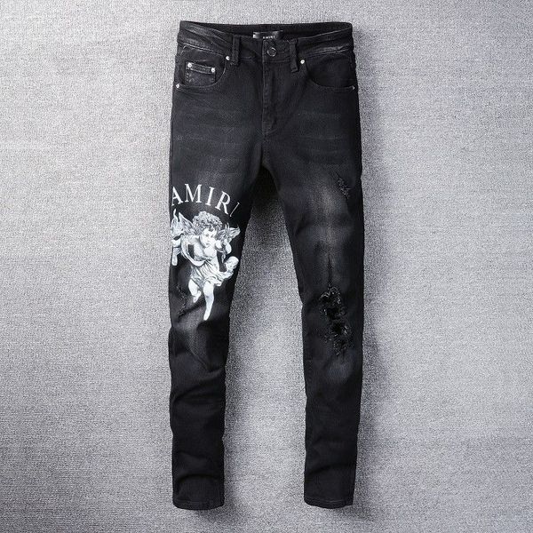 

casual mens jeans amr black trousers streetwear striped patch hole jean for men stretch slim fit pants, Blue