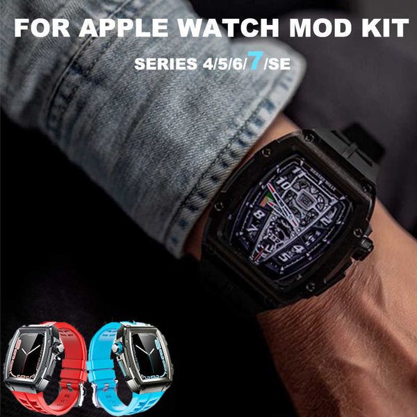 

watch bands luxury modification kit for apple watch band aluminum alloy case 45mm 44mm metal rubber strap accessories for iwatch 7 6 se 5 4, Black;brown