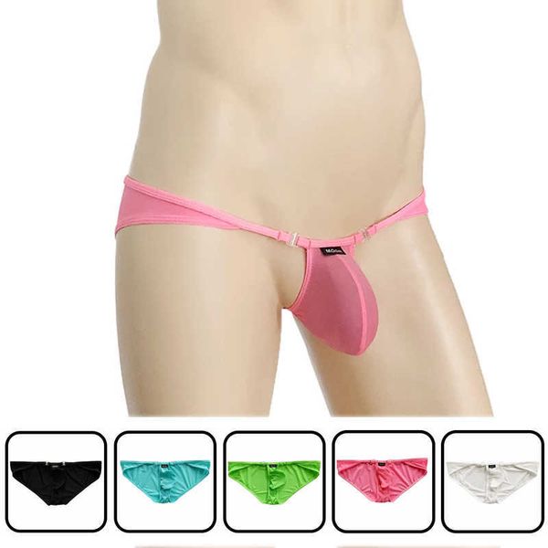 

set ice silk transparent men' briefs low waist pouch thin with detachable button mens underwear, Red;black