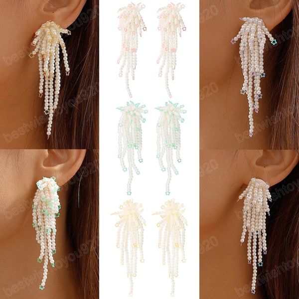 

korean fashion long tassel imitation pearl dangle earrings for women wed bridal boho beads flower star y2k ear jewelry, Silver