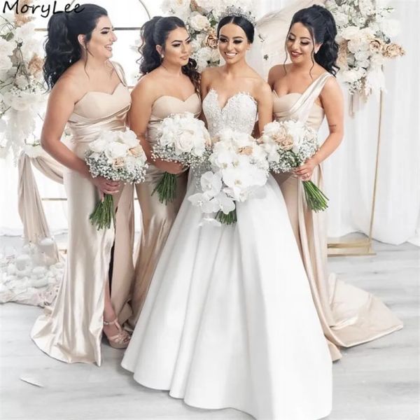 

2023 champagne bridesmaid dresses satin one shoulder mermaid floor length beach plus size wedding guest gowns custom made formal evening wea, White;pink