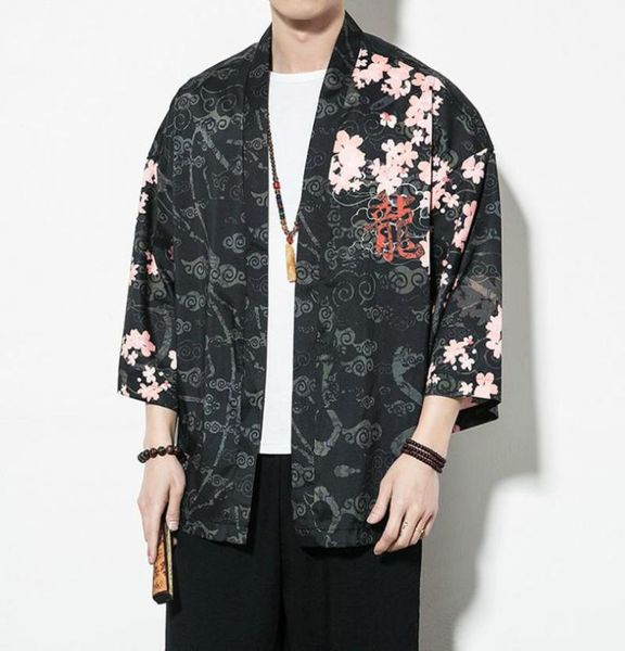 

chinese style dragon kimono cardigan shirts men hip hop streetwear kimono shirt japanese mens shirt summer 20204251658, White;black