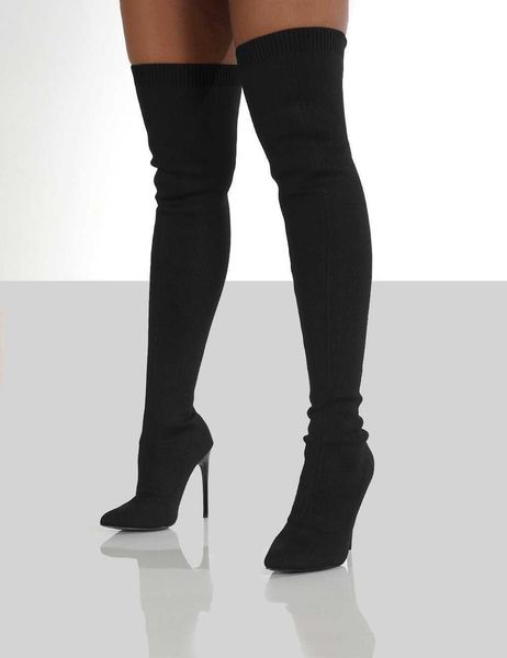 

boots party fashion suede leather shoe over the knee heels stretch flock winter high botas 221213, Black