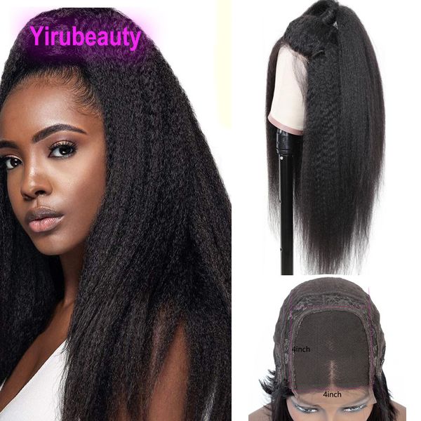 

yirubeauty brazilian human hair 4x4 lace wig kinky straight malaysian virgin hair products wigs natural color 10-32inch 210% density, Black;brown