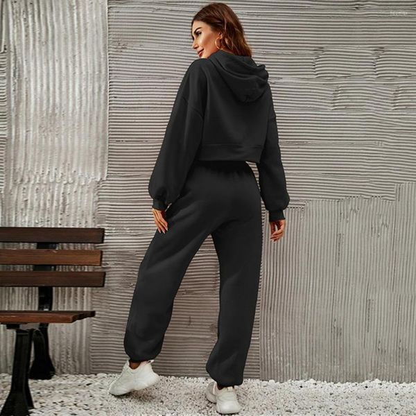 

women's two piece pants 2pcs/set hoodie set drawstring female tracksuit women solid color short type high waist sweatpants, White