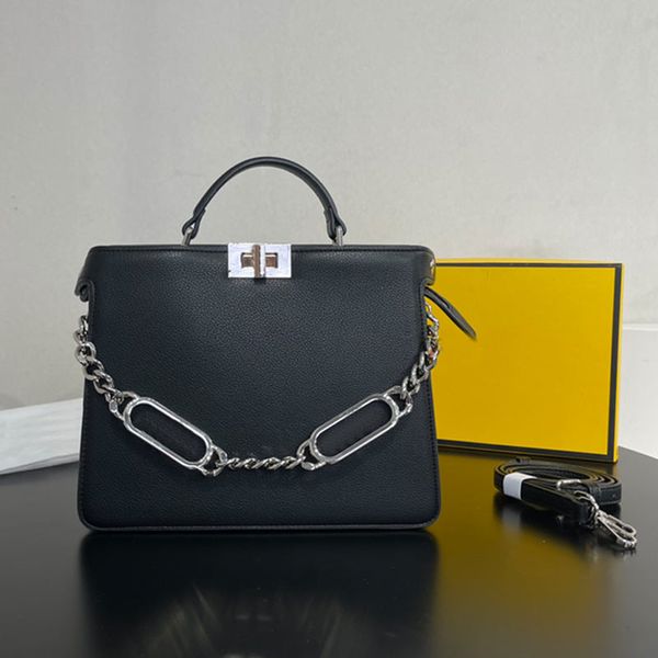 

chain handbag tote bag women shoulder crossbody bags genuine leather removable strap square rotary lock inside fashion letters plain iseeu h