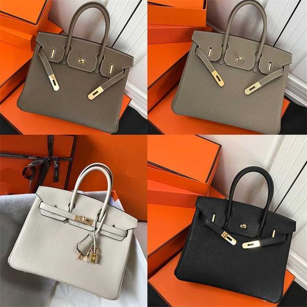 

birkins designer handbag togo leather bag women's hand-held lychee pattern 30 buckle versatile head elephant grey zc