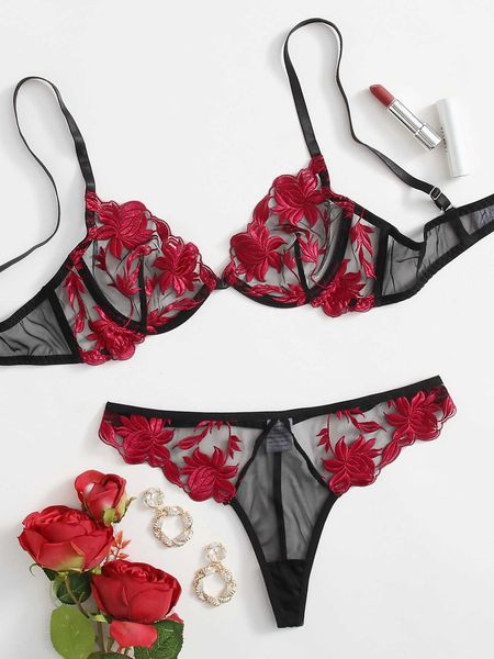 

set pornostar ropa interior mujer intimo donna bra women embroidery floral transperant underwear femme gstring brallet, Red;black