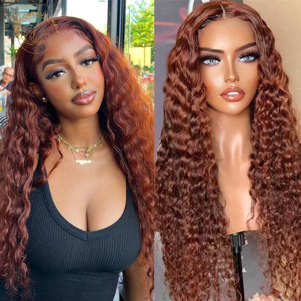 

Brazilian Chocolate Brown 13X4 Deep Wave Frontal Wig Colored Lace Front Simulation Human Curly Wigs Pre Plucked Hair, Ombre color