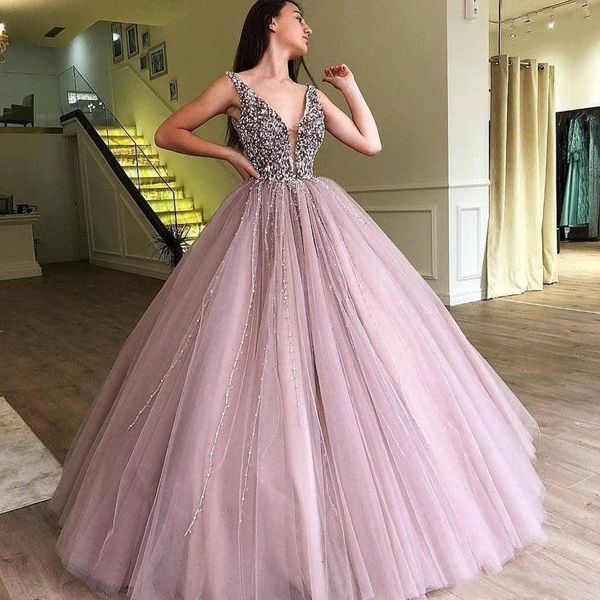 

luxury beading sequins dusty pink ball gown party dresses deep v-neck puffy long pageant party gowns prom evening wear, Black