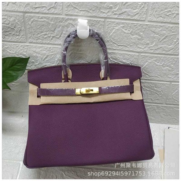 

birkins designer handbag lychee pattern bag fashionable purple layer cowhide leather women's mouth lock zc