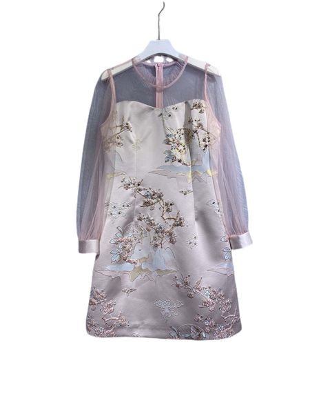 

2022 autumn new round neck pink fairy combination mesh long sleeve dress, Black;gray