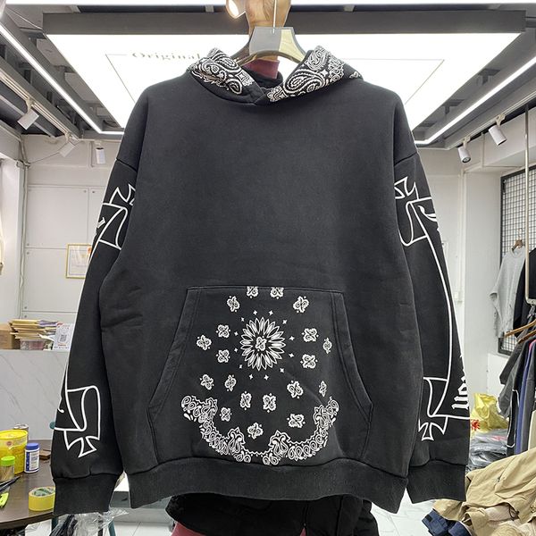 

flower print vintage hoodie men women heavy fabric pullover hooded, Black;brown