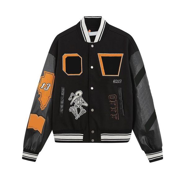 

skull baseball fashion decal designer offs jacket wool tweed splicing leather sleeve coats embroidery womens hip hop style winter jackets s-, Black;brown
