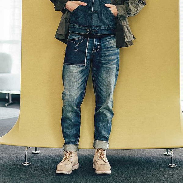 

jeans men's loose jeans trend red ears medium low waist casual, Blue