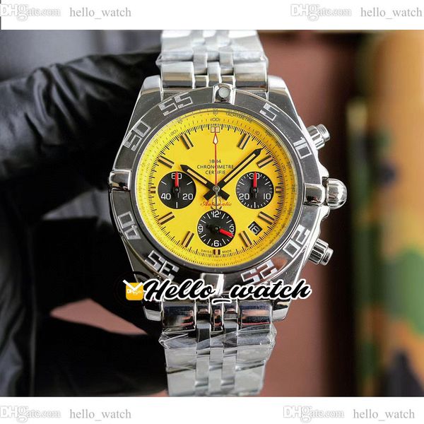 

b01 chronomat mb0111c3.i531 quartz chronograph mens watch yellow black dial markers stick satch stainless steel bracelet 44mm gents new watc, Slivery;brown