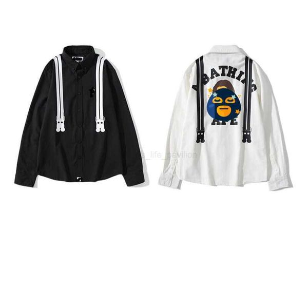 

japanese tide brand men's casual men shirt long sleeve shark mouth bathing ape false shoulder strap spring black and white shirt, White;black