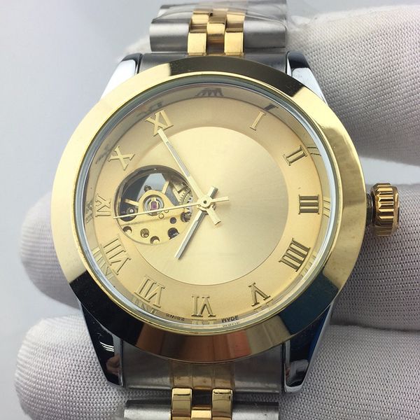 

mens watch stainless luxury steel men's and women's watches mechanically hollow tourbillon roman numerals waterproof, Slivery;golden