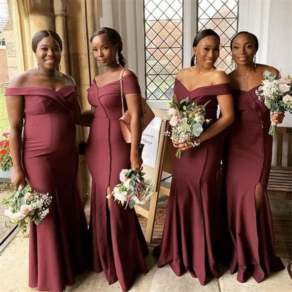 

2023 burgundy bridesmaid dresses off the shoulder mermaid straps side slit custom made floor length maid of honor gown country beach wedding, White;pink