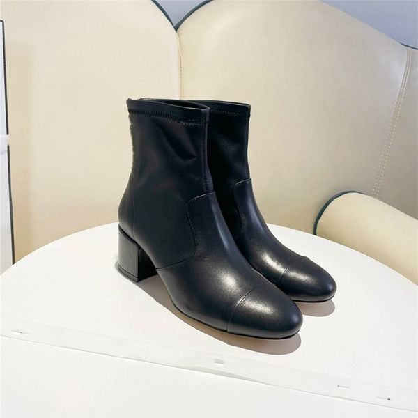 

luxury design boots channel fashion women retro decoration winter warm snow non slip high heel martin knight tassel casual socks boots 08-07, Black