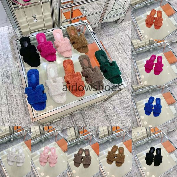 

designer hermes sandal luxury slippers women faxu fur teddy shearling h slide mule flats lamb wool slides brand shoes flip flops sneaker par, Black