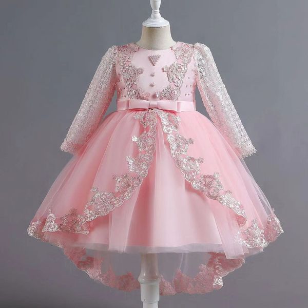 

gorgeous pink flower girl dresses scoop neck appliqued beaded long sleeves high low pageant gowns ruffle tiered sweep train birthday, White;blue