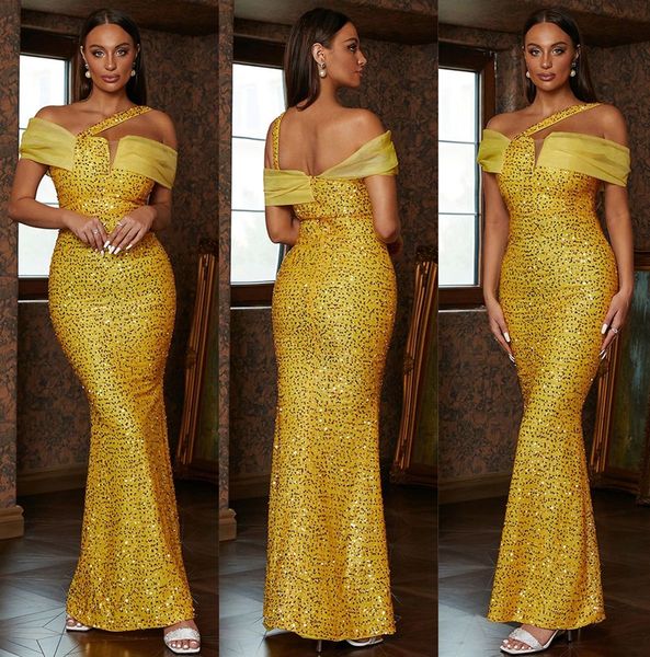

exquisite bright yellow prom dresses mermaid sequined party dresses off shoulder graceful custom made evening dress, Black;red