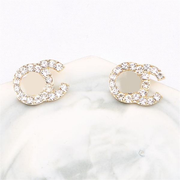 

cute 18k gold plated luxury brand designers letters stud clip chain geometric famous women 925 silver crystal rhinestone pearl ear258p, Golden;silver