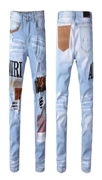 

2022 mens jeans distressed motorcycle biker jean rock skinny slim ripped hole letter designer pants brand 9 colors den8545061, Blue