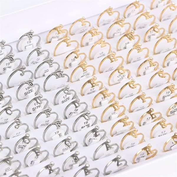 

fashion stainless steel crystal silver gold color letter rings a-z for women men wedding jewelry party gifts mix style, Golden;silver