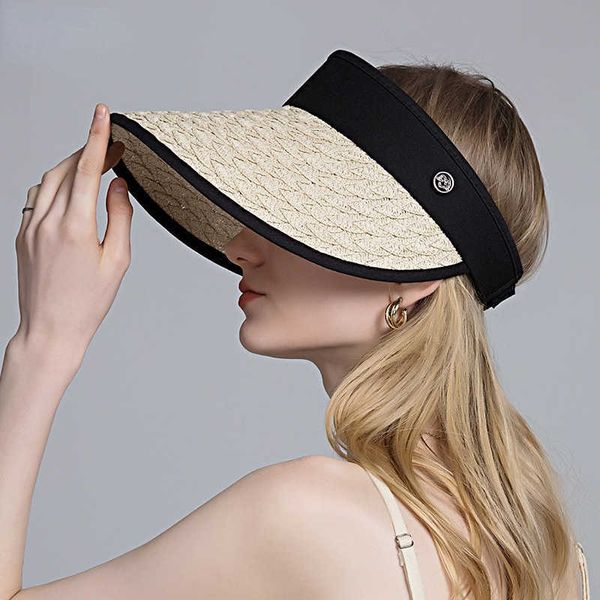 

beanie/skull caps summer wide brim air sun hats women foldable straw weaving empty hat anti-uv travel visor cap ladies portable baseball cap, Blue;gray