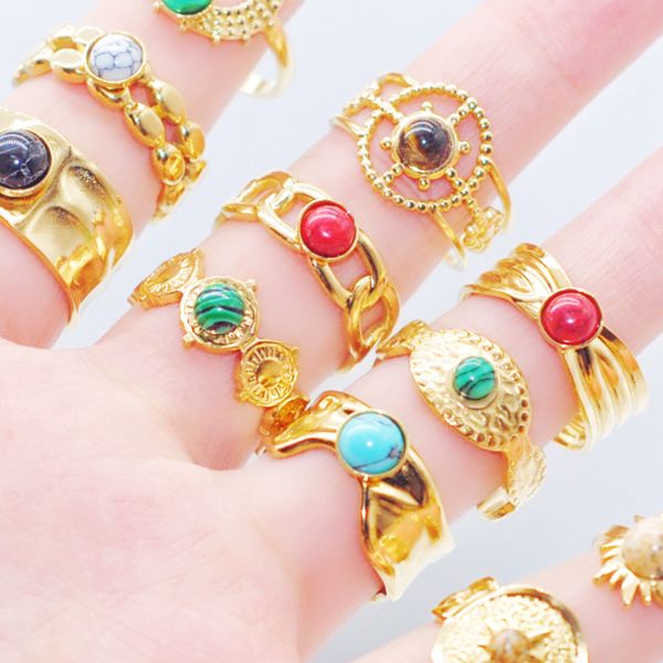 

12pcs/lot mixed style turquoise vintage open rings women gold plated metal colorful pine stone fashion wedding party finger jewelry lots bul, Golden;silver