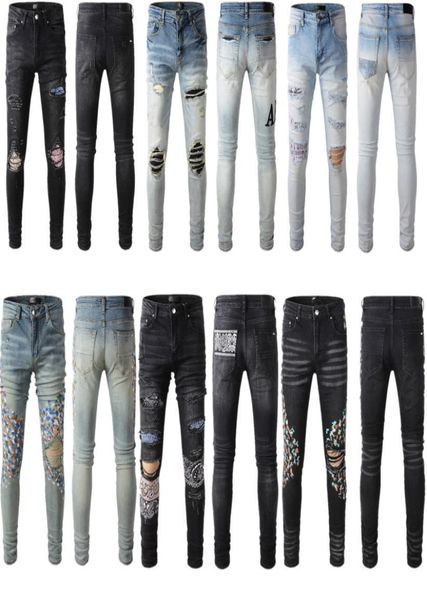

mens new designer jeans distressed ripped biker slim fit motorcycle bikers denim for men fashion mans pants4557018, Blue