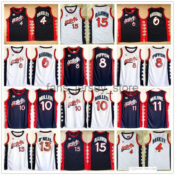 

stitched 1996 usa dream team basketball jerseys 15 hakeem olajuwon 6 penny hardaway 4 charles barkley 10 reggie miller 8 scottie pippen 5 gr, Black