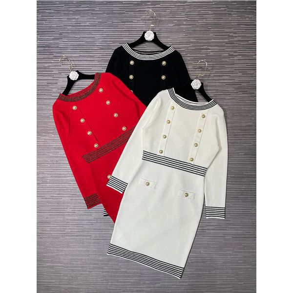 

2023 casual dresses luxury new double breasted elegant stripe knit dress women autumn winter sleeve gold button high waist long dresses, Black;gray