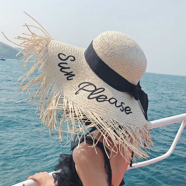 

beanie/skull caps new style ladies oversized straw hat 18cm big brim sun hat embroidery letters wide brim beach hat women travel panama cap, Blue;gray