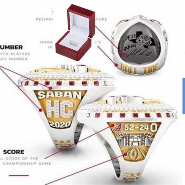 

2021 whole new alabama 2020 crimson tide national championship ring with wooden display box souvenir fan men gift whole dr2634, Golden;silver