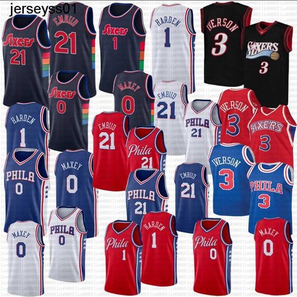 

james harden tyrese maxey joel embiid basketball allen iverson jersey city white edition retro shirt blue jerseys, Black;red