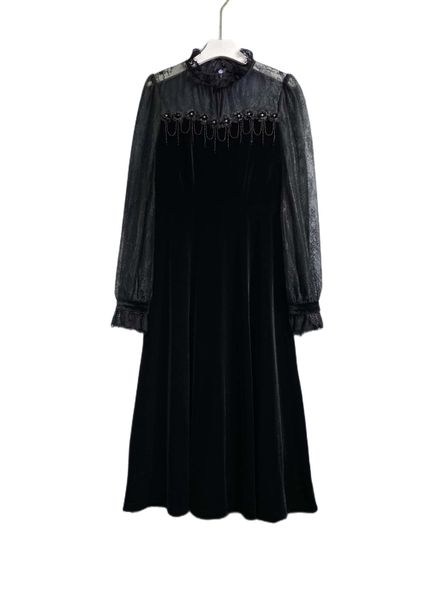 

2022 autumn's latest stand collar mesh collar high class royal sister long sleeve dress, Black;gray