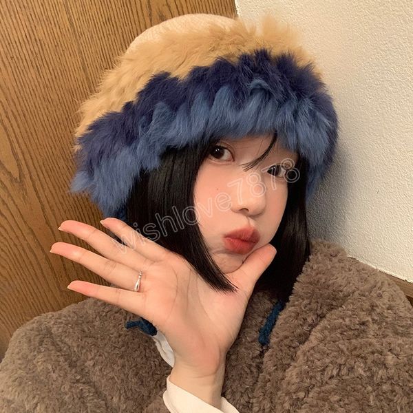 

fashion autumn winter rabbit hair knitted women's hat drawstring fashion beanie soft warm hats for lady solid female bucket caps, Blue;gray
