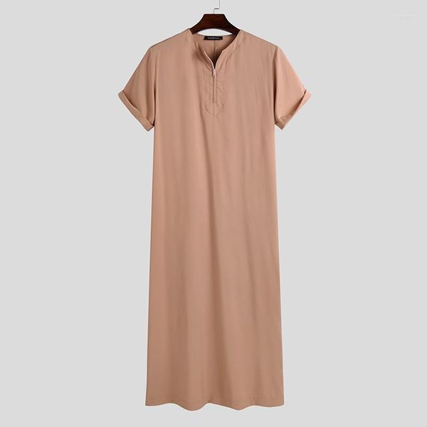 

ethnic clothing men muslim kaftan short sleeve solid o neck jubba thobe abaya middle east dubai saudi arabia islamic mens robes, Red