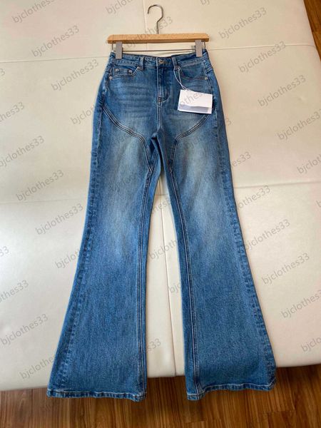 

jeans women high-waisted slimming flared denim pants striped decoration elongated leg shape pockets slim jean trousers fashion retro style w, Blue