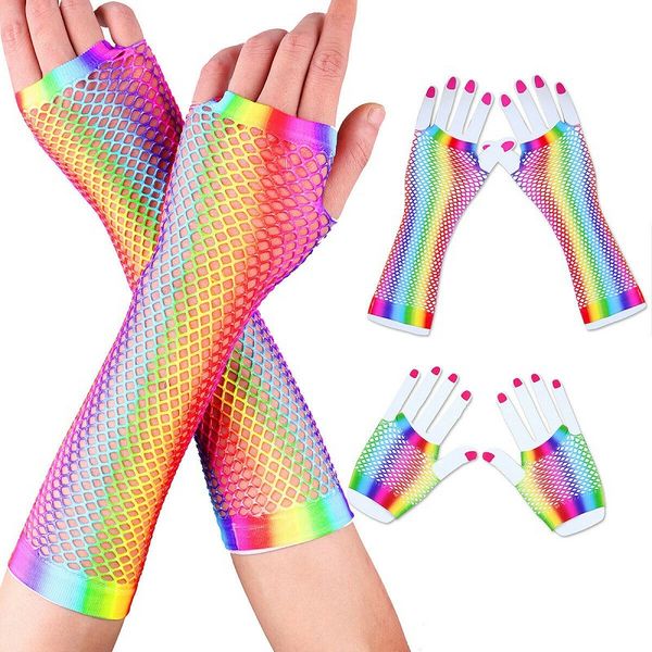 

costume accessories women girls stretchy fingerless fishnet neon gloves short long net mesh party cosplay christmas, Silver