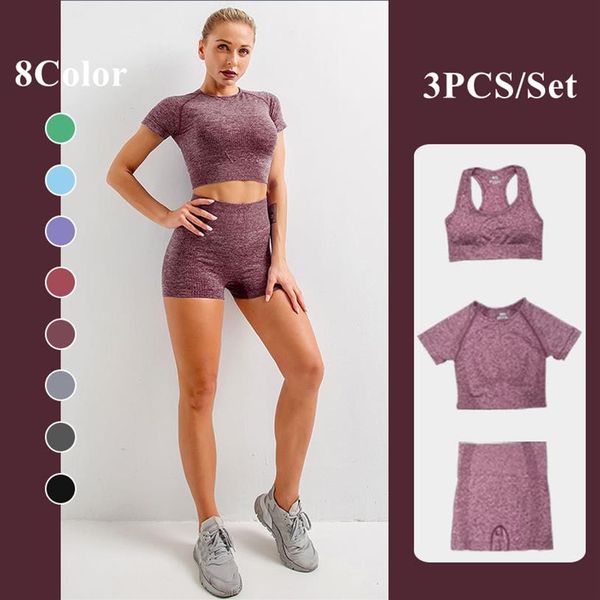 

3pcs seamless womenyoga outfits sportswear fitness clothes short sleeve crop high waist sports suits shorts and bra women trac2763, White;red