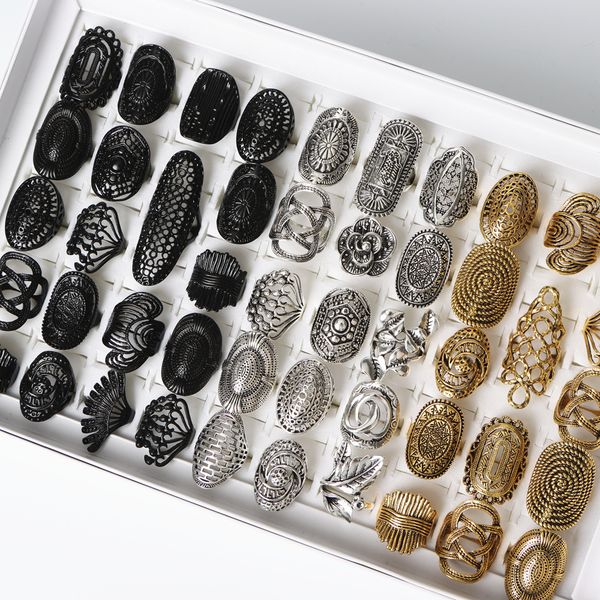 

wholesale vintage carved flower silver gold plated jewelry metal rings for women size 17mm to 20mm mix style, Golden;silver