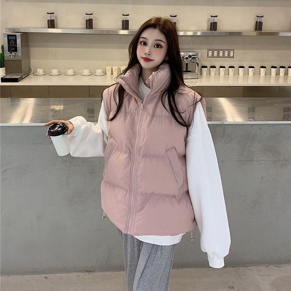 

qnpqyx women winter warm cotton padded vests autumn stand collar sleeveless parkas jacket pink casual down cotton parka, Black